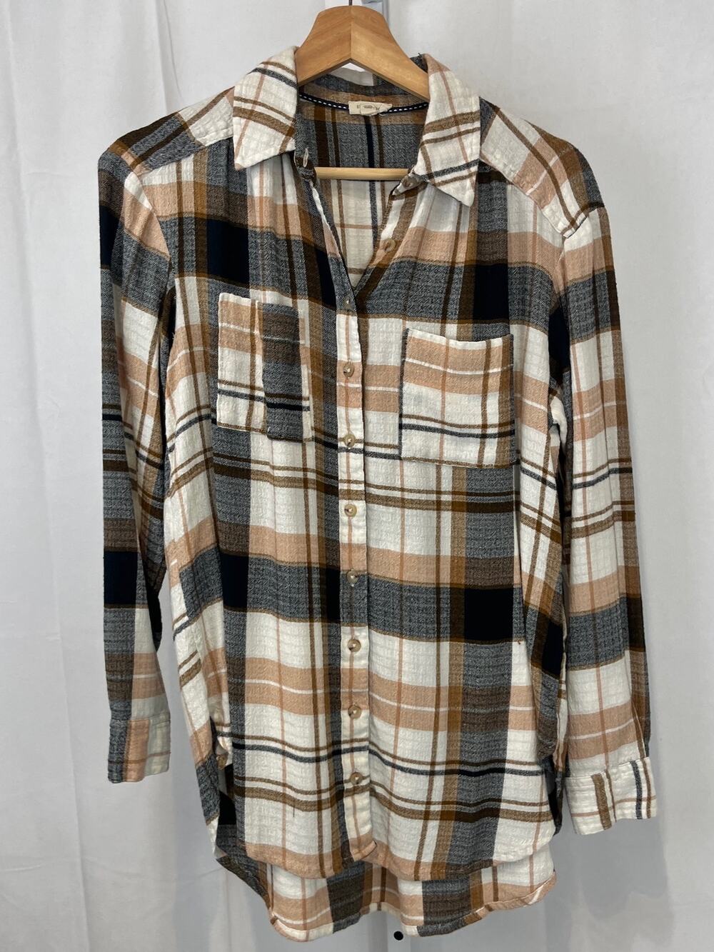 PILCRO Anthropologie Relaxed Long Sleeve Checkered Plaid Shirt Brown Cream XS